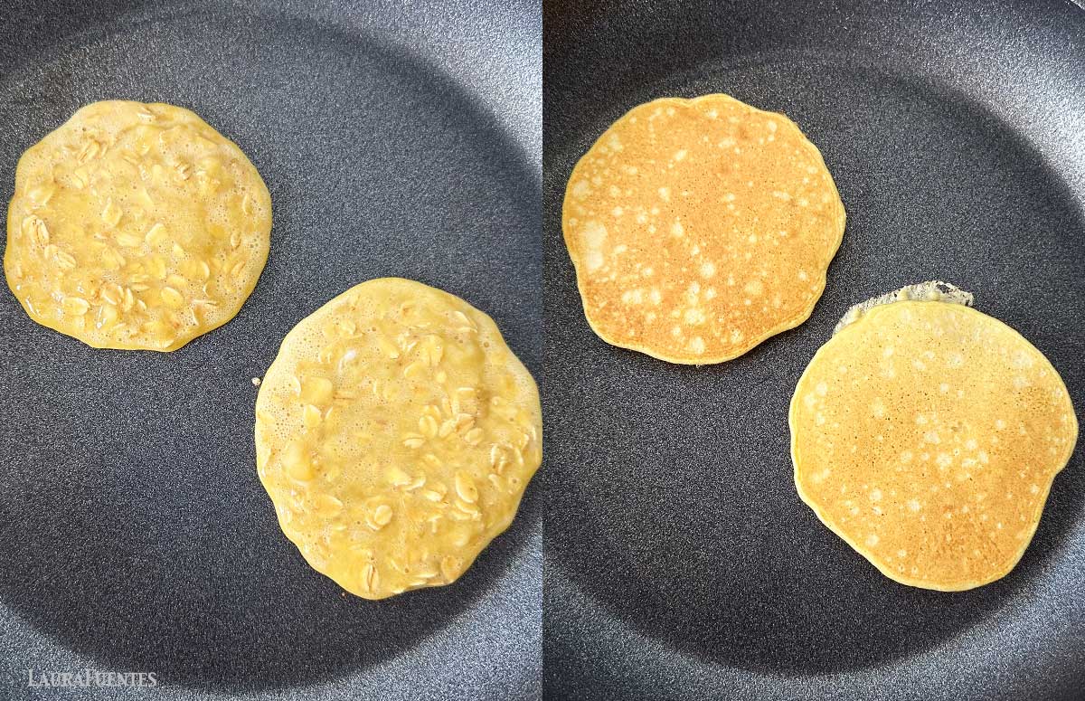 side by side two pancakes cooking in a pan