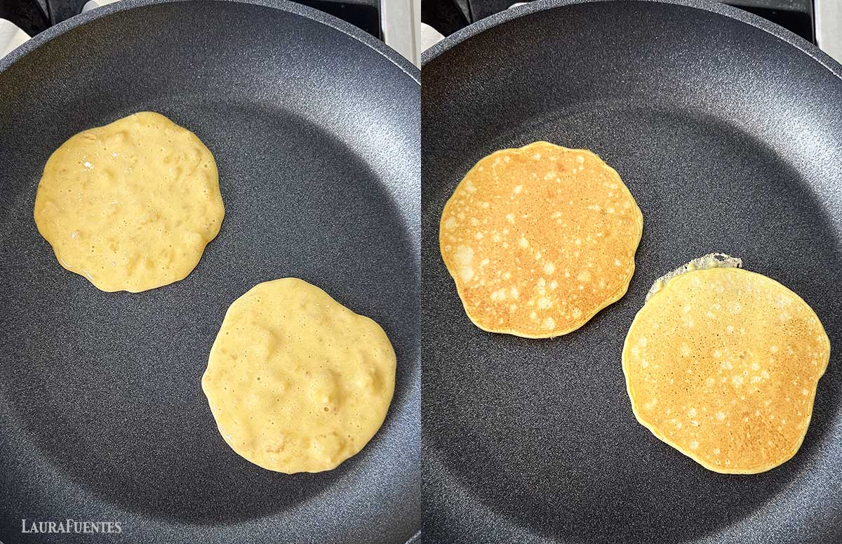 two pancakes cooking in a pan before and after flipping