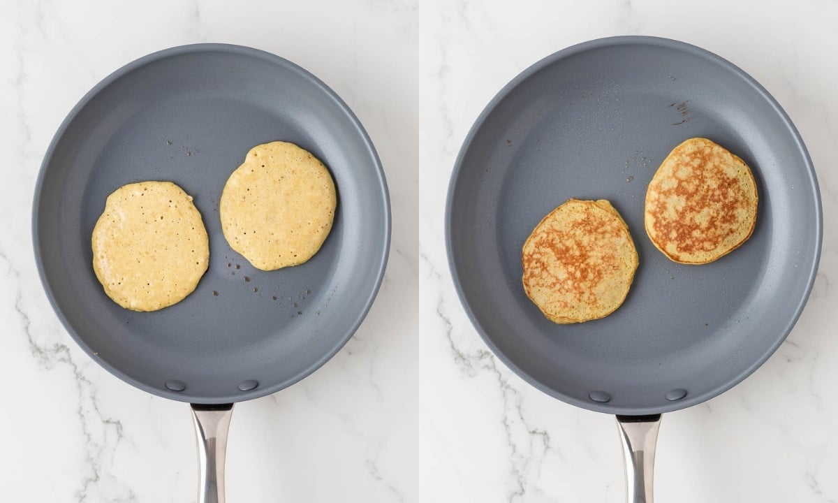 2 image collage of 3-ingredient banana pancakes. on left cooking two pancakes on a pan, on right, after the pancakes are flipped