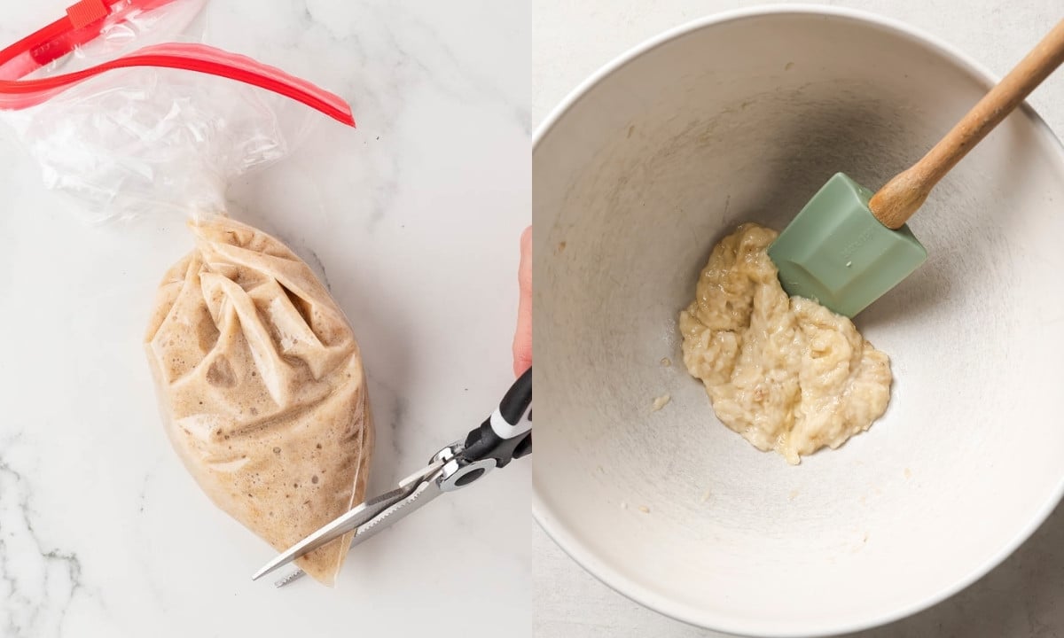 2 image collage of 3-ingredient banana pancakes. on left all bananas are in a zip bag so they're mashed creamy and on right they're in a bowl