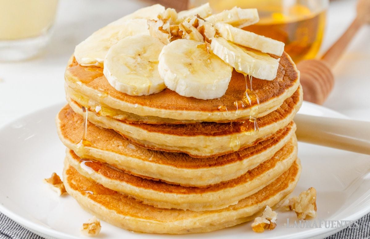 large fluffy stack of 3 ingredient banana pancakes