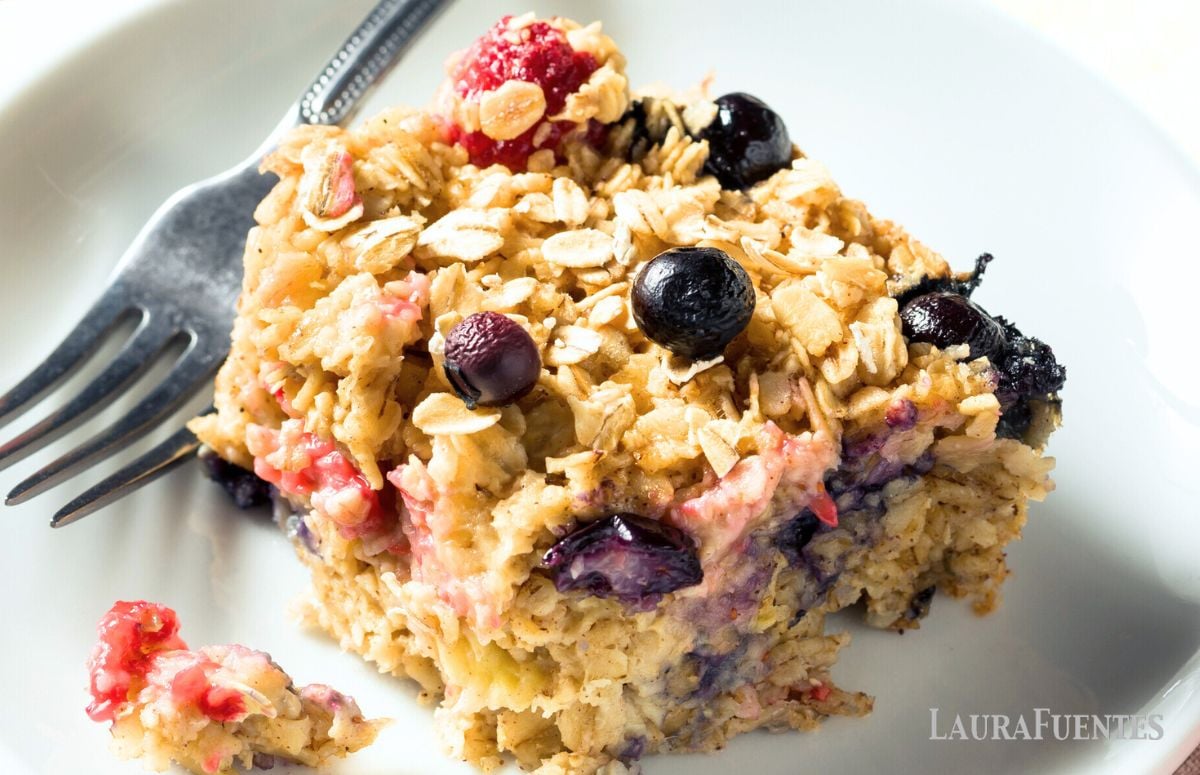 slice of protein baked oatmeal with berries. 