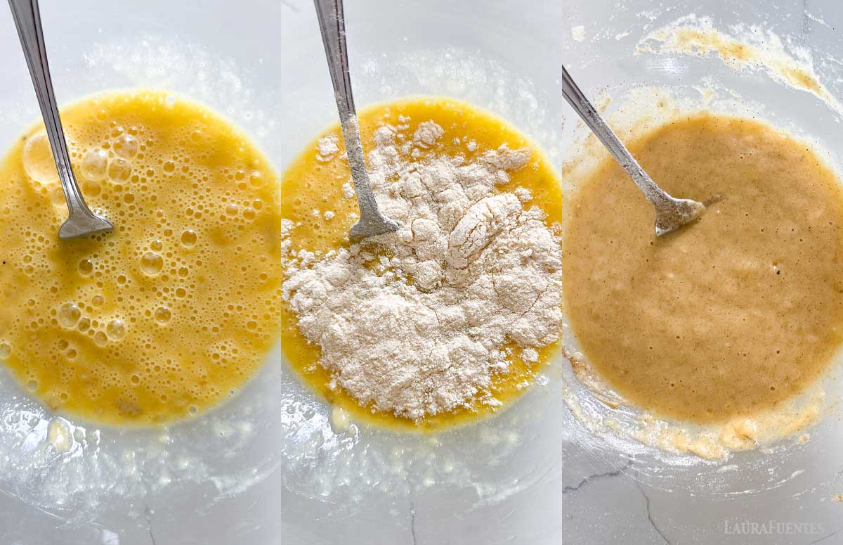 three side by side images of the batter for coconut flour banana pancakes at different stages of mixing