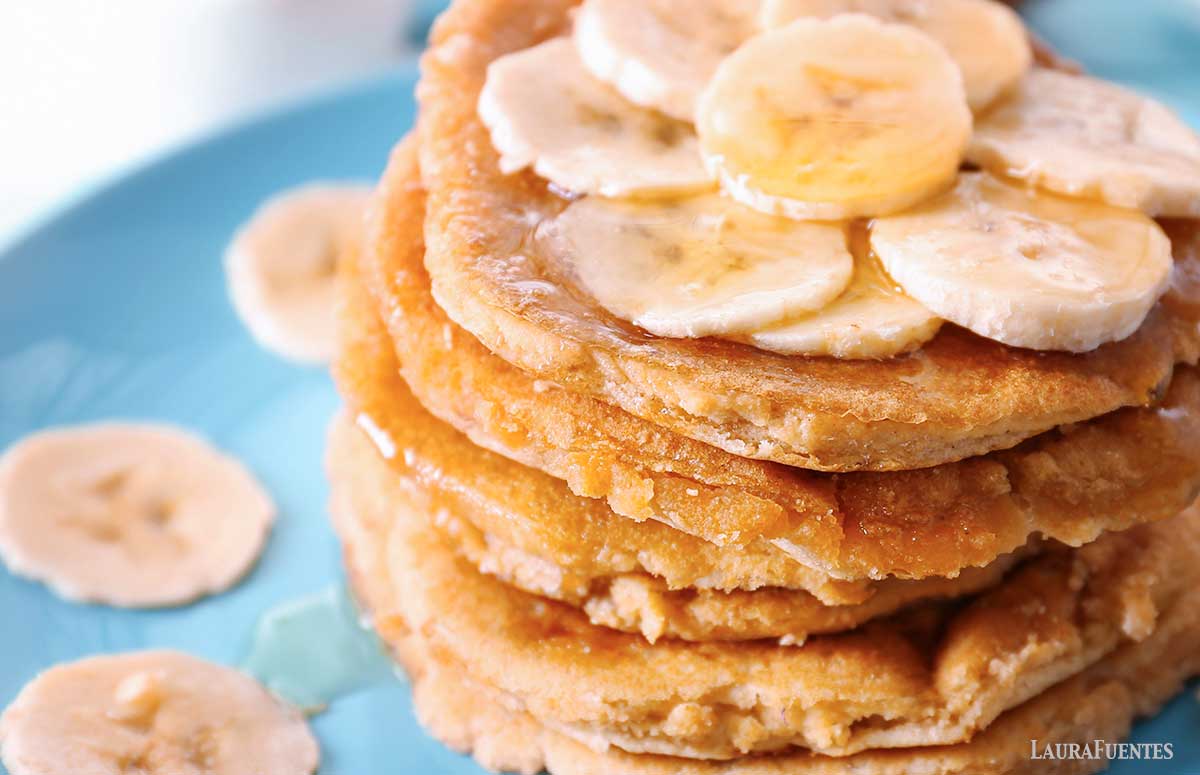 closeup of coconut flour banana pancakes on a blue plate