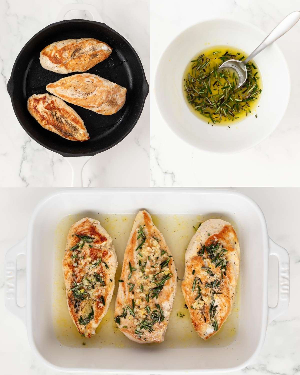 steps for making rosemary chicken breasts in a 3-image collage. Top left seared chicken breasts, top right herb seasonings in a bowl, and bottom image the seared breasts topped with the herb sauce inside a baking dish before baking in the oven