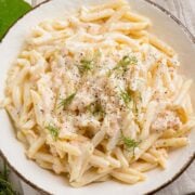 large plate of penne alfredo with salmon