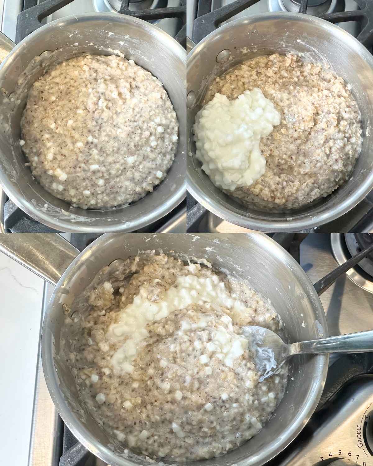 Collage of step-by-step cottage cheese oatmeal: cooked oats in a saucepan, cottage cheese added on top, and the mixture stirred together into a creamy, thick oatmeal.