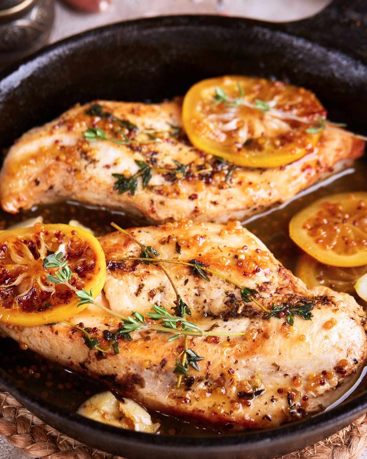 cooked chicken breasts in a pan with a few lemon slices and thyme on top