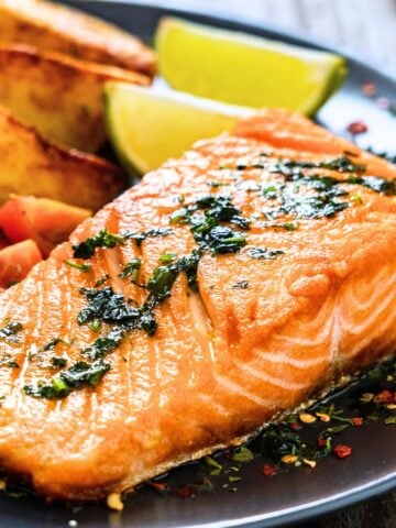 a cooked salmon fillet in a dish