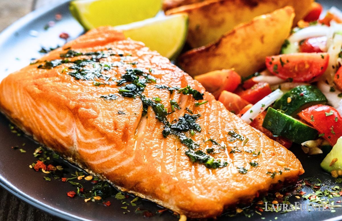 a cooked salmon fillet in a dish