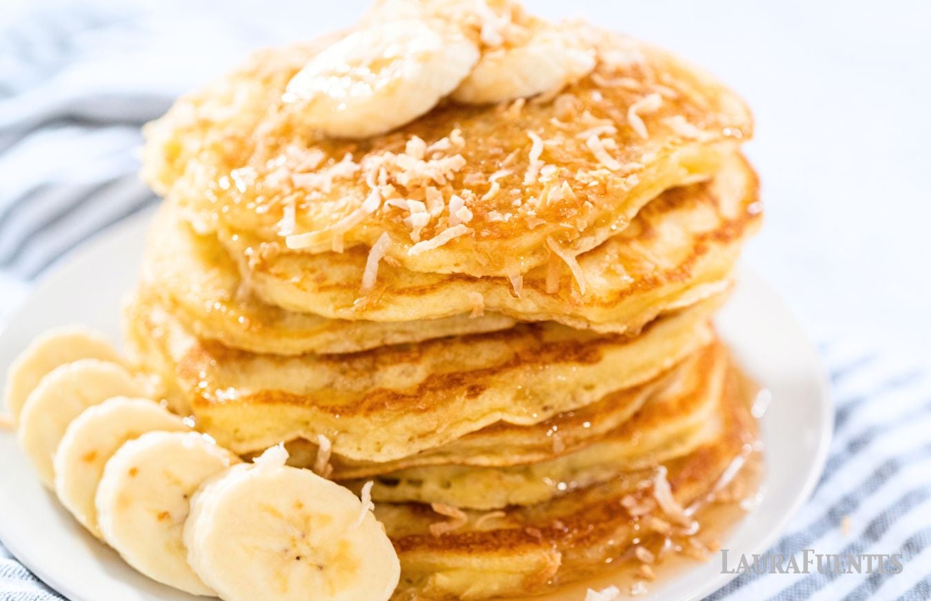 large stack of banana coconut pancakes
