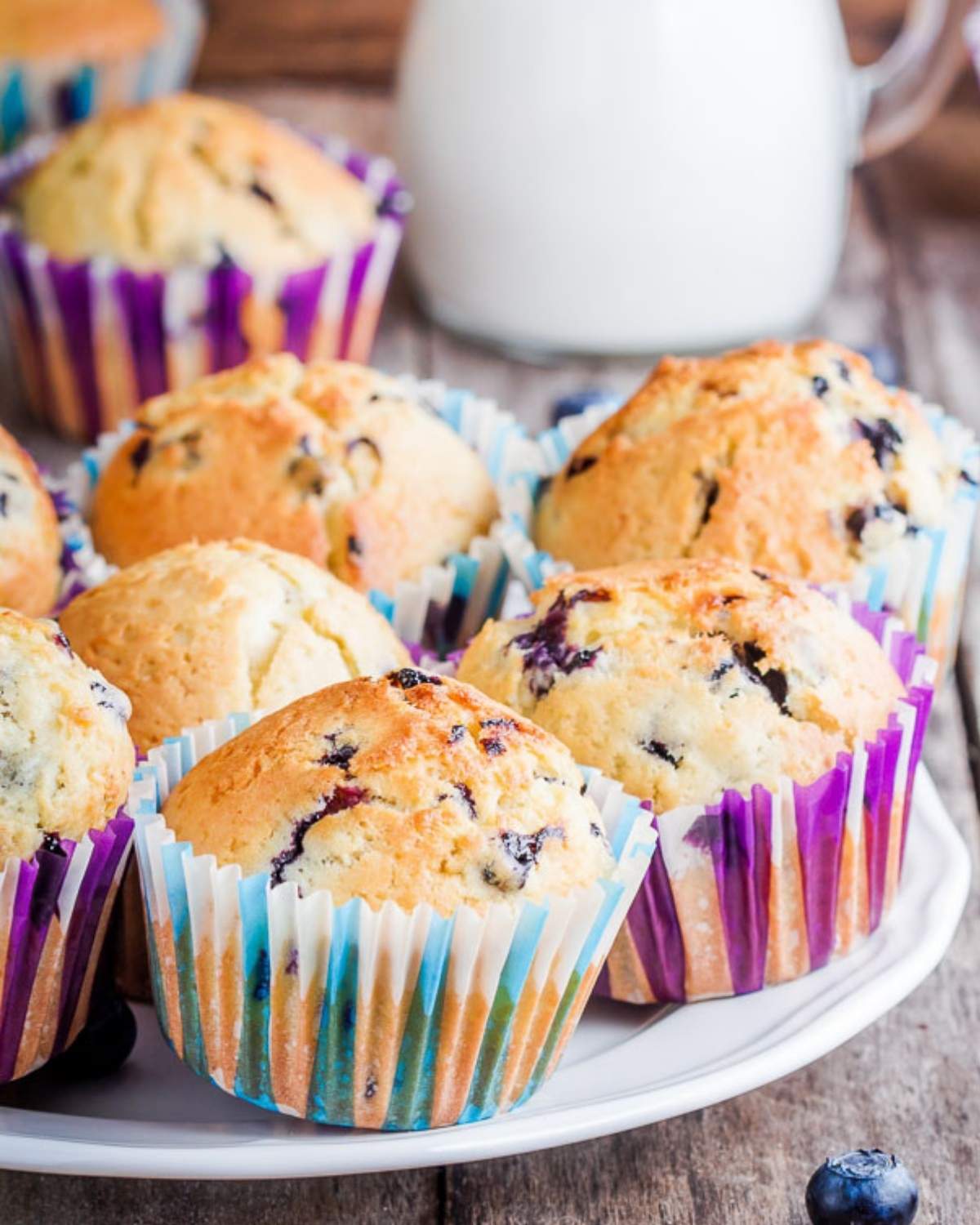 A batch of blueberry cottage cheese muffins on a white plate