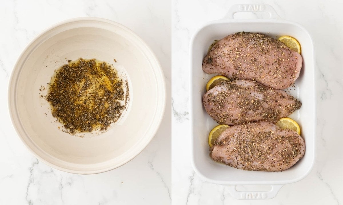 two image collage for Italian baked chicken. on left is the herbs with olive oil mixed in an bowl, on the right the chicken breasts are in a baking dish seasoned before baking