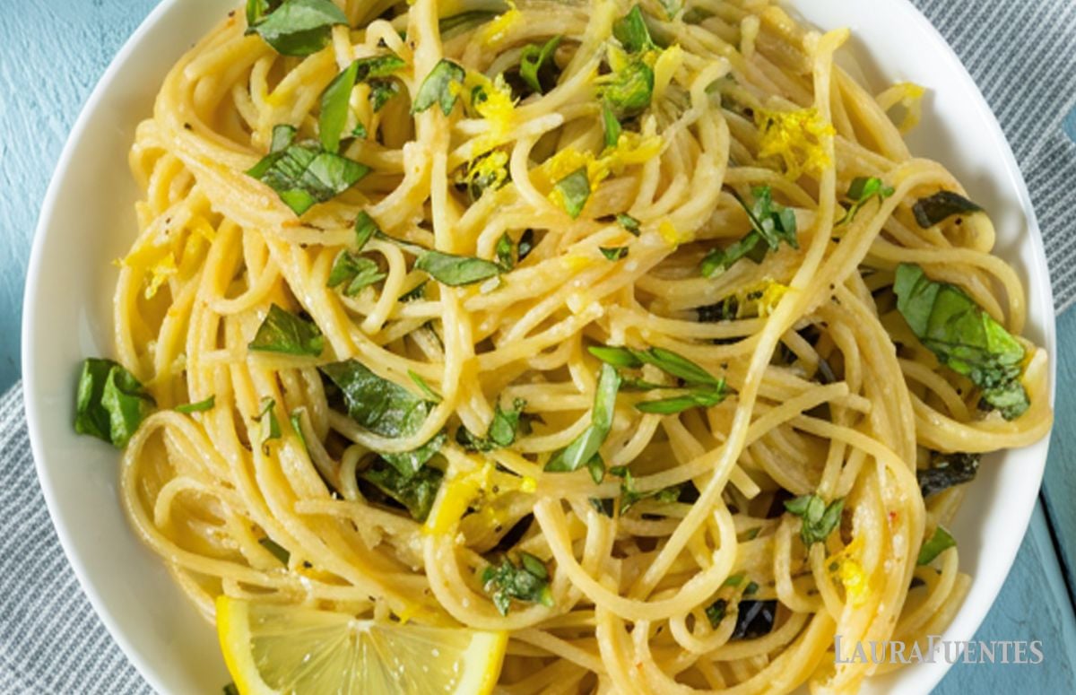 top view of lemon basil pasta