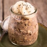 mocha overnight oats in a jar topped with banana slices