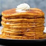 stack of pumpkin cottage cheese pancakes