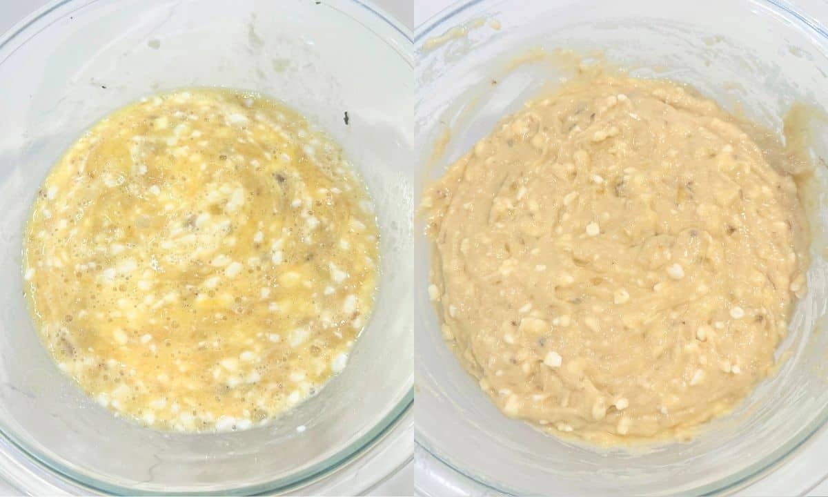 left: wet ingredients for banana bread in a bowl; right: same bowl with cottage cheese banana bread batter