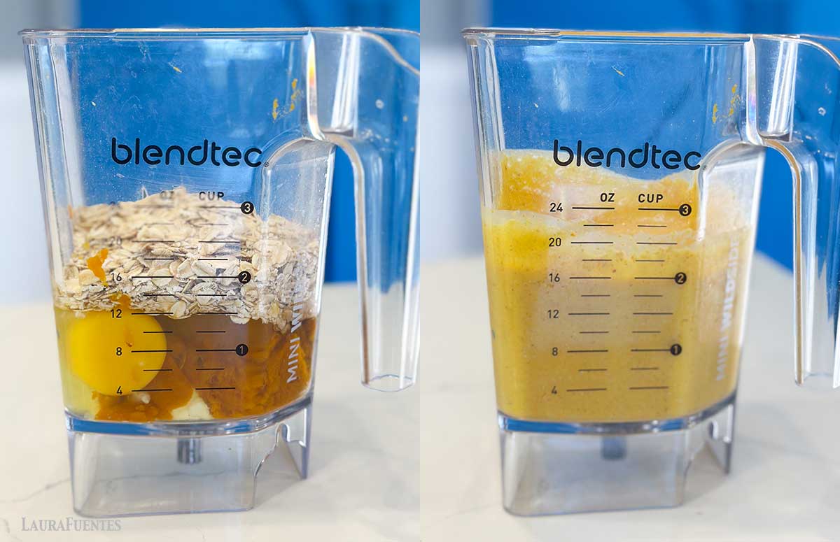 side by side image with a blender jar on left with oats, eggs, pumpkin, cottage cheese and on the right, blended to a thick cottage cheese pumpkin batter 