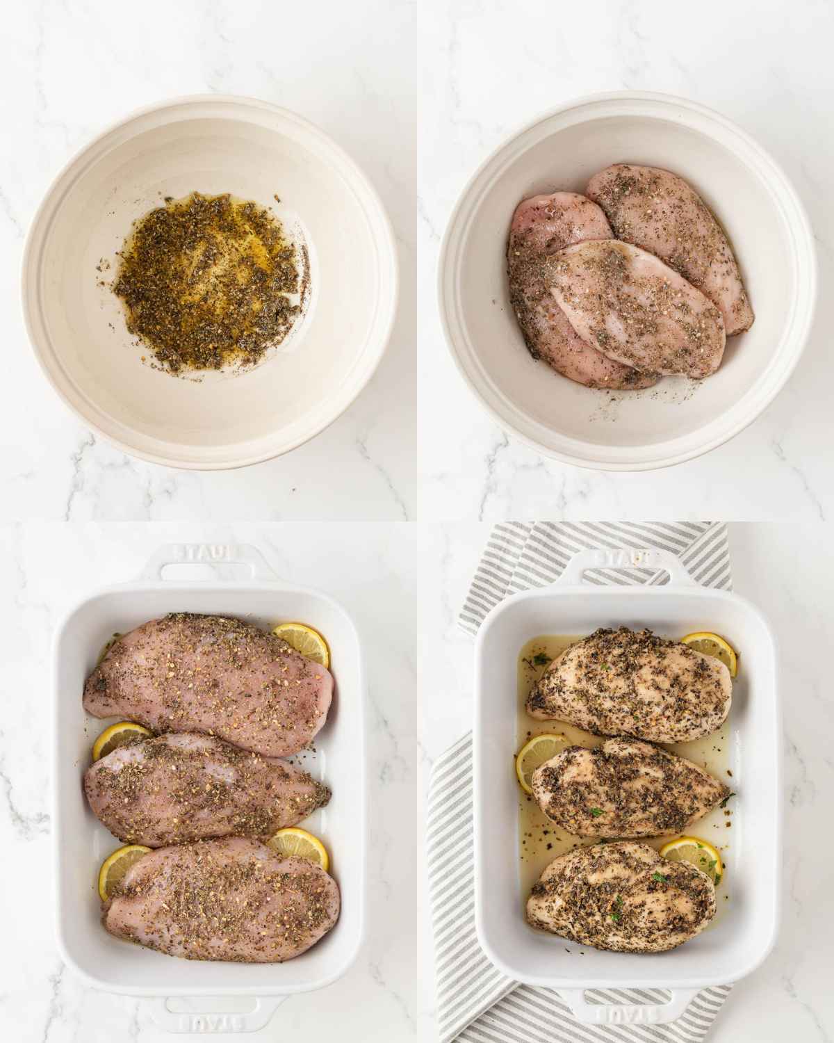 4 image collage showing how to make italian baked chicken breasts. top left is a bowl of the seasoning and olive oil, top right the chicken breasts are coated with the Italian seasoning mixture, bottom left the raw chicken breasts are in a baking dish, bottom right shows after baking