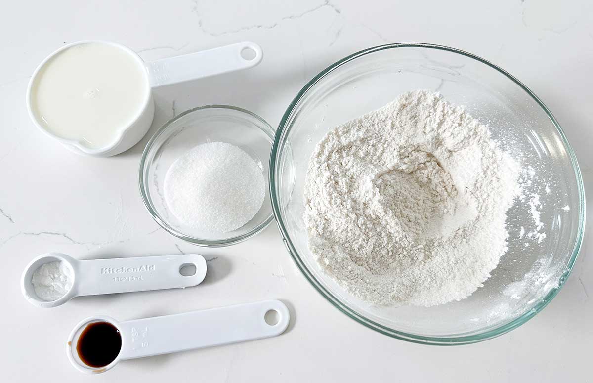 ingredients for microwave pancakes laid out on a countertop