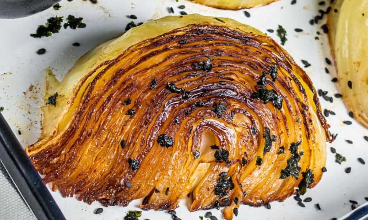 closeup of a roasted cabbage quarter
