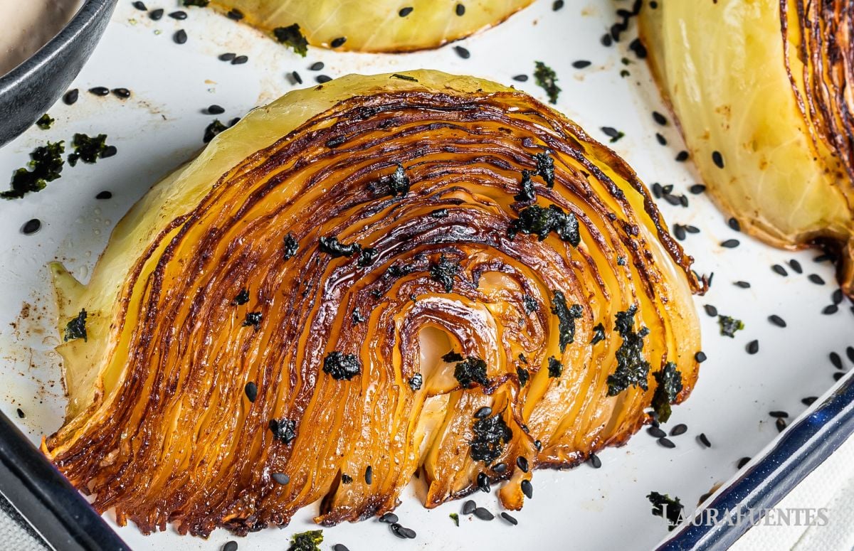 close up of a roasted cabbage quarter
