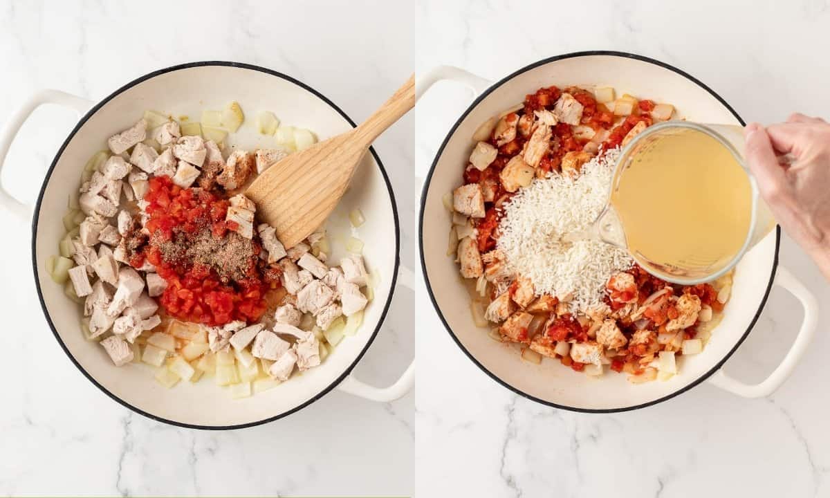 overhead view of side by side images of cooking steps for rotisserie chicken and rice recipe. on left sauteing and on right, adding rice and broth