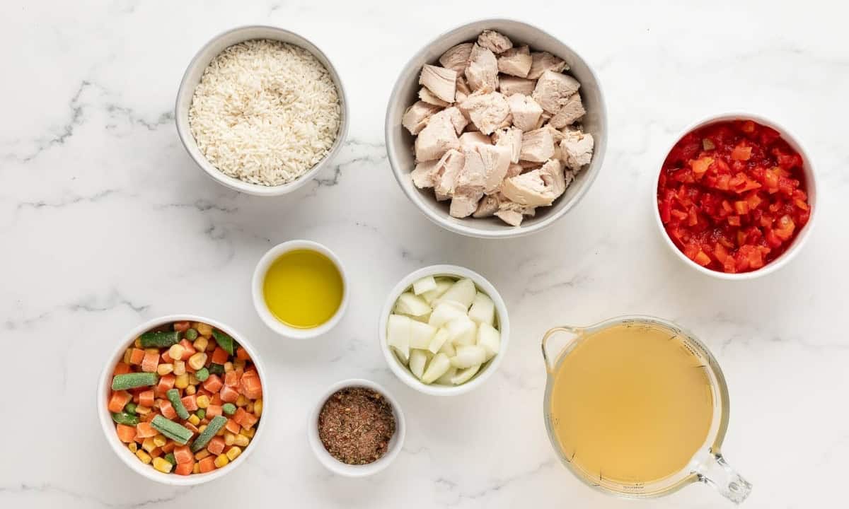 ingredients to make chicken and rice with leftover rotisserie chicken