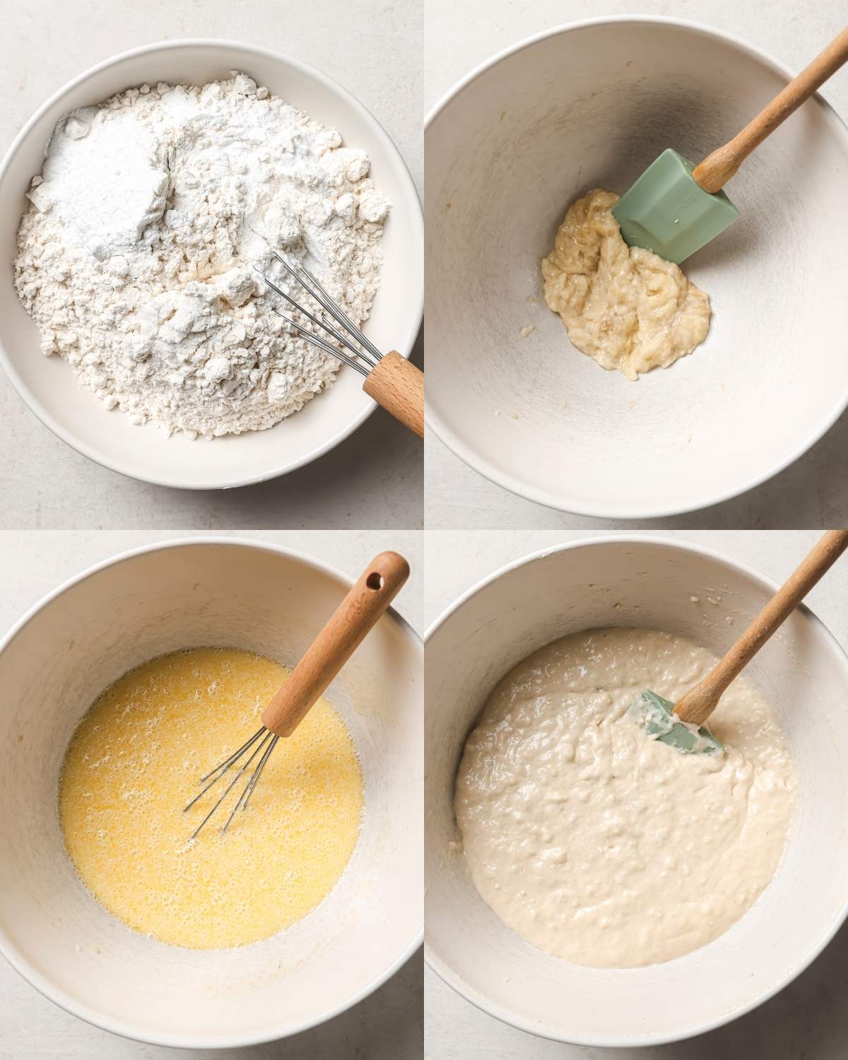 4 image collage showing making the batter for banana protein powder pancakes. top left: dry ingredients mixed in a bowl. top right, mashed bananas in a bowl, bottom left, mixing the liquid ingredients with the bananas, bottom right: batter after mixing the dry ingredients