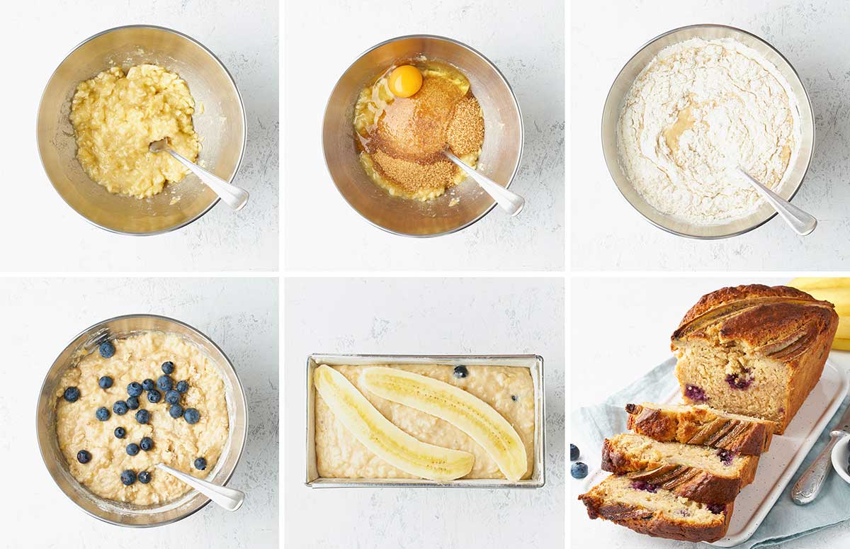 six pictures of the steps of making blueberry banana bread