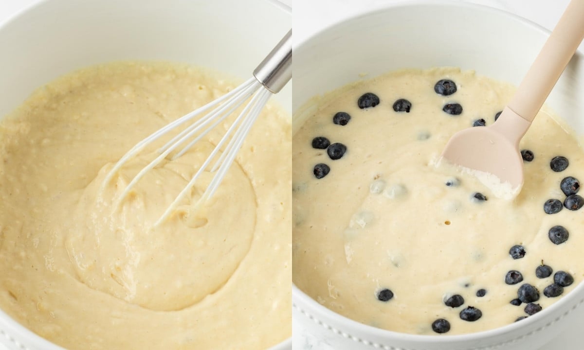 Blueberry buttermilk pancakes recipe image collage. On left buttermilk pancake batter, on right, added blueberries to batter bowl