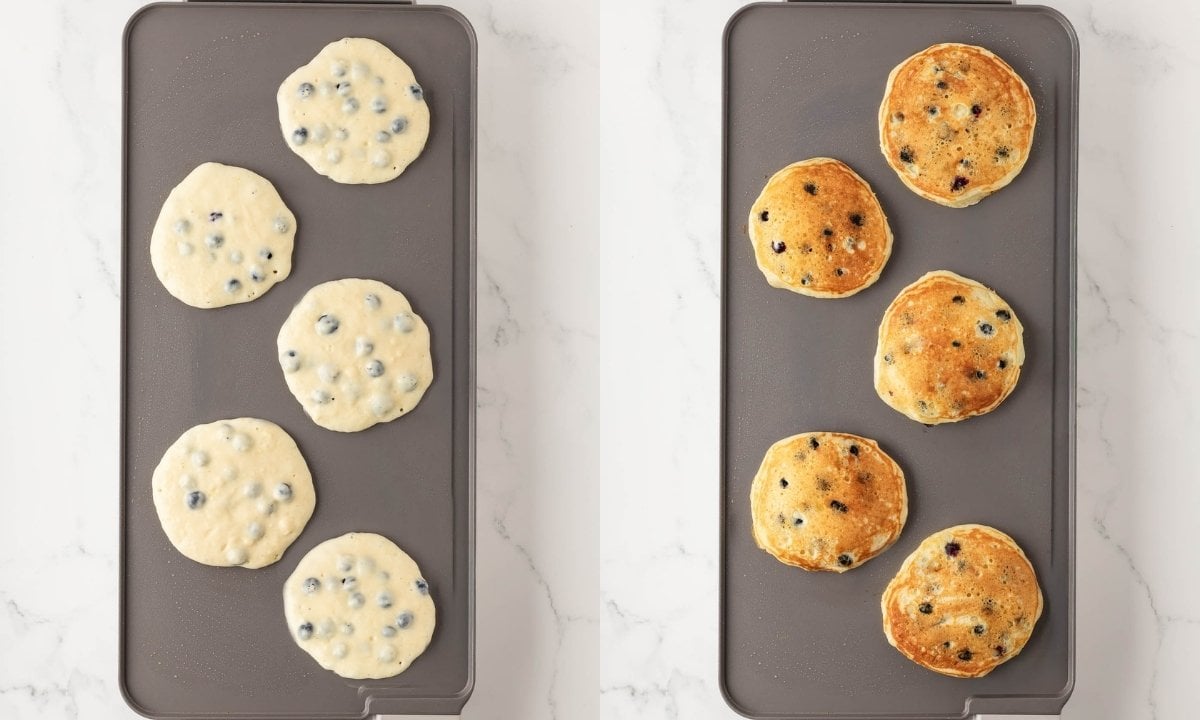 Blueberry buttermilk pancakes recipe image collage. On left cooking the pancakes on a griddle, on right cooking the pancakes on the second side after flipping