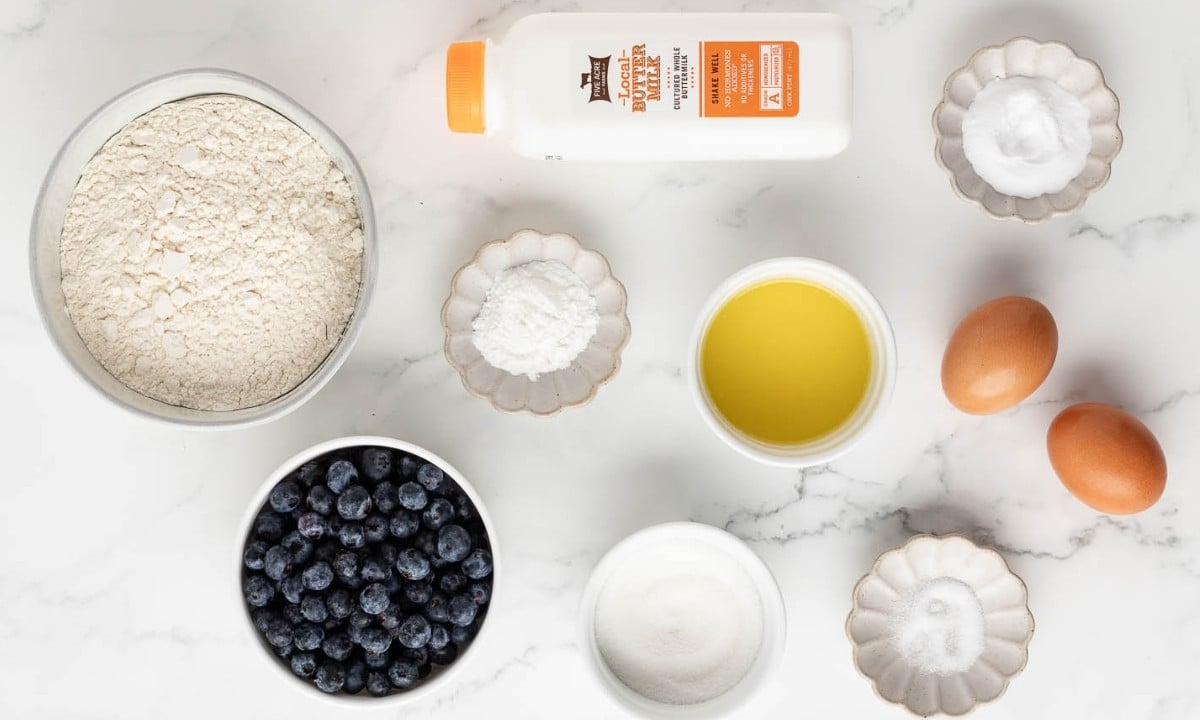 Blueberry buttermilk pancakes recipe ingredients overhead image
