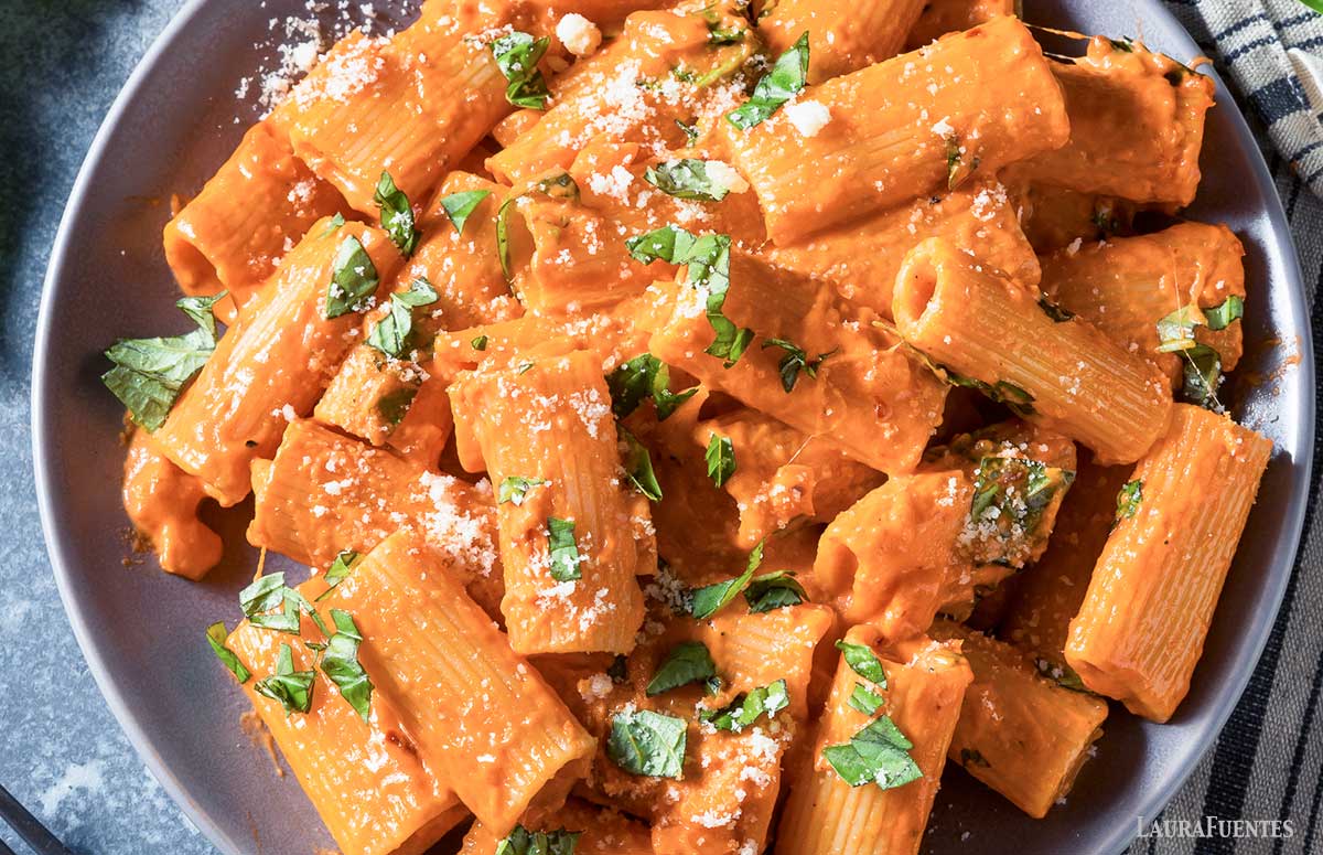 top view of cottage cheese tomato pasta