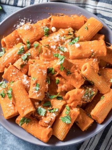 top view of cottage cheese tomato pasta