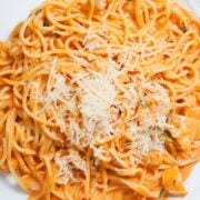top view of spaghetti with cottage cheese tomato sauce