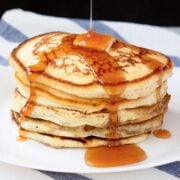 large stack of fluffy protein pancakes