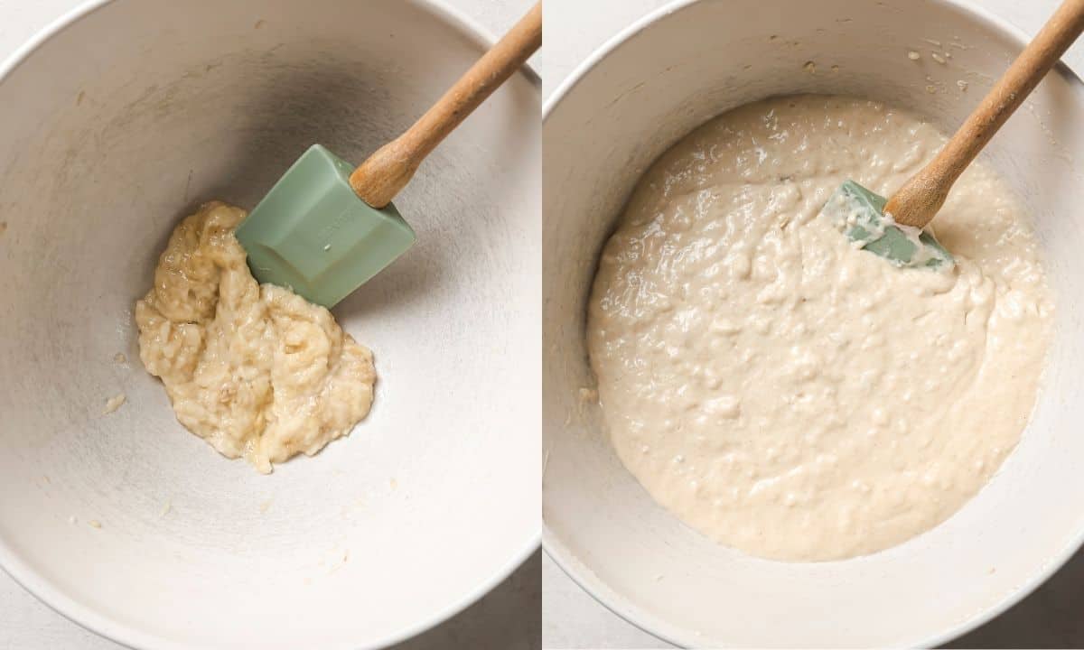 left: mashed bananas in a bowl; right: pancake batter after mixing the dry ingredients