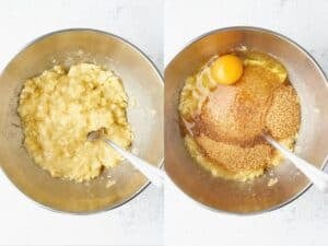 left: mashed banana in a bowl; right: the same bowl with mashed banana, eggs, and sugar