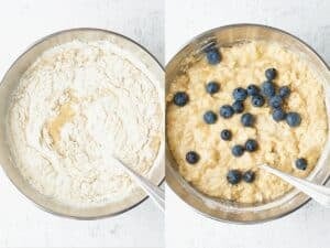left: dry ingredients being combined with we ingredients in a bowl; right: the same bowl with banana bread batter topped with blueberries