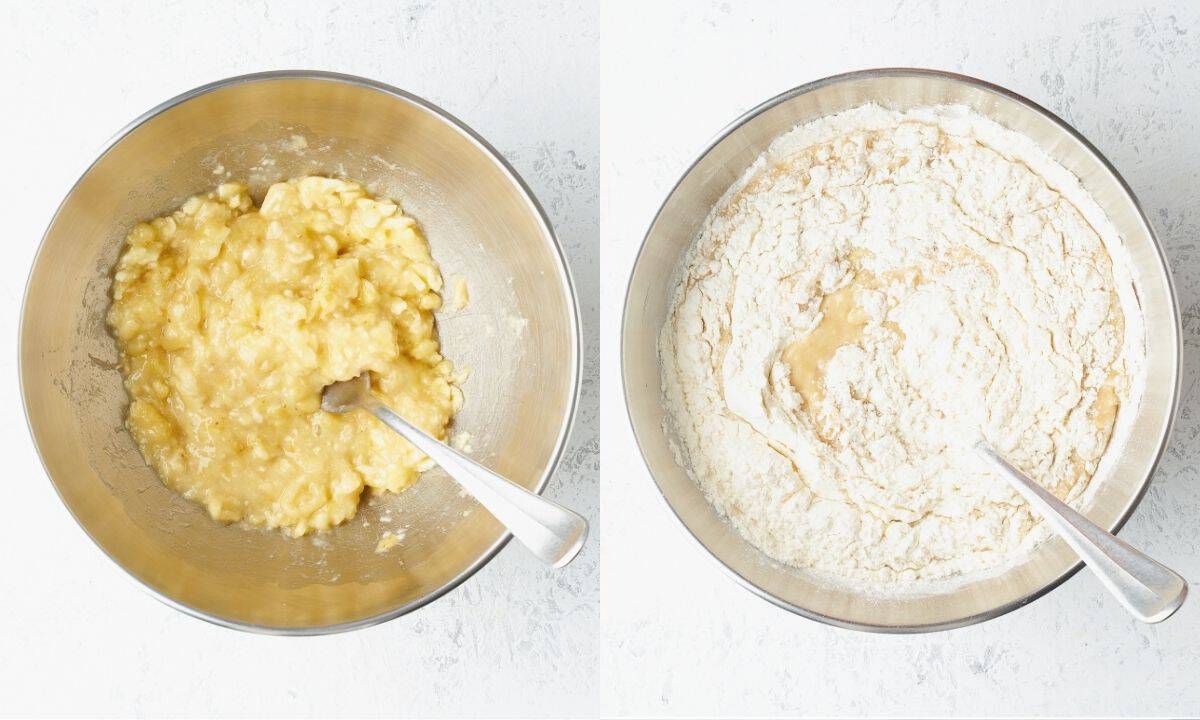 left: mashed banana in a bowl; right: the same bowl with wet and dry ingredients