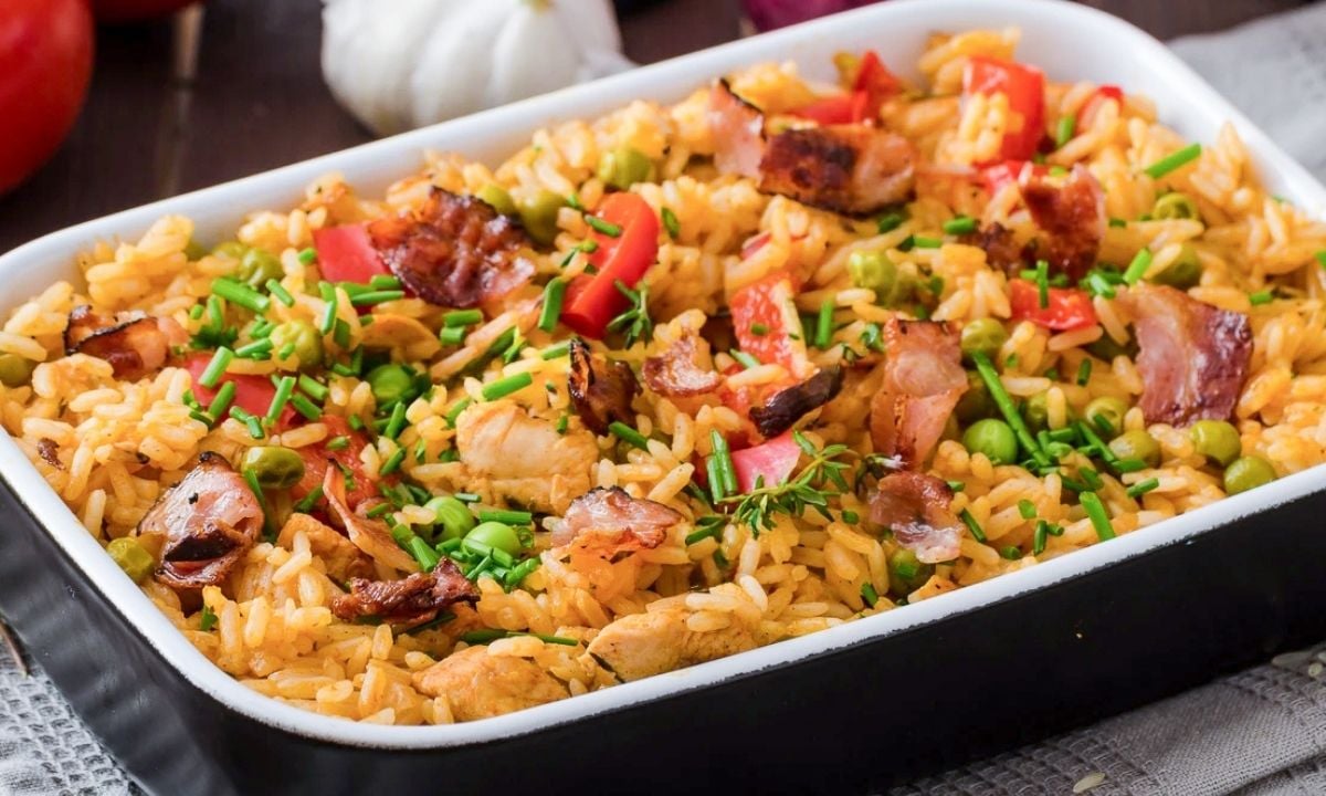 cajun chicken & rice in a baking dish