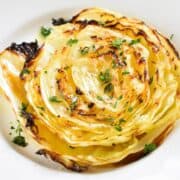 overhead view of roasted cabbage steak