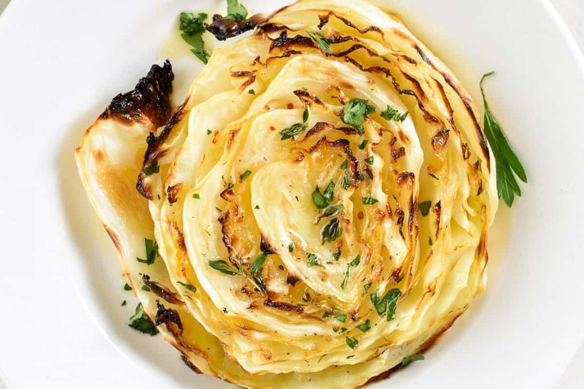 overhead view of roasted cabbage steak