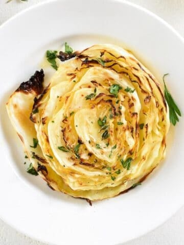 overhead view of roasted cabbage steak