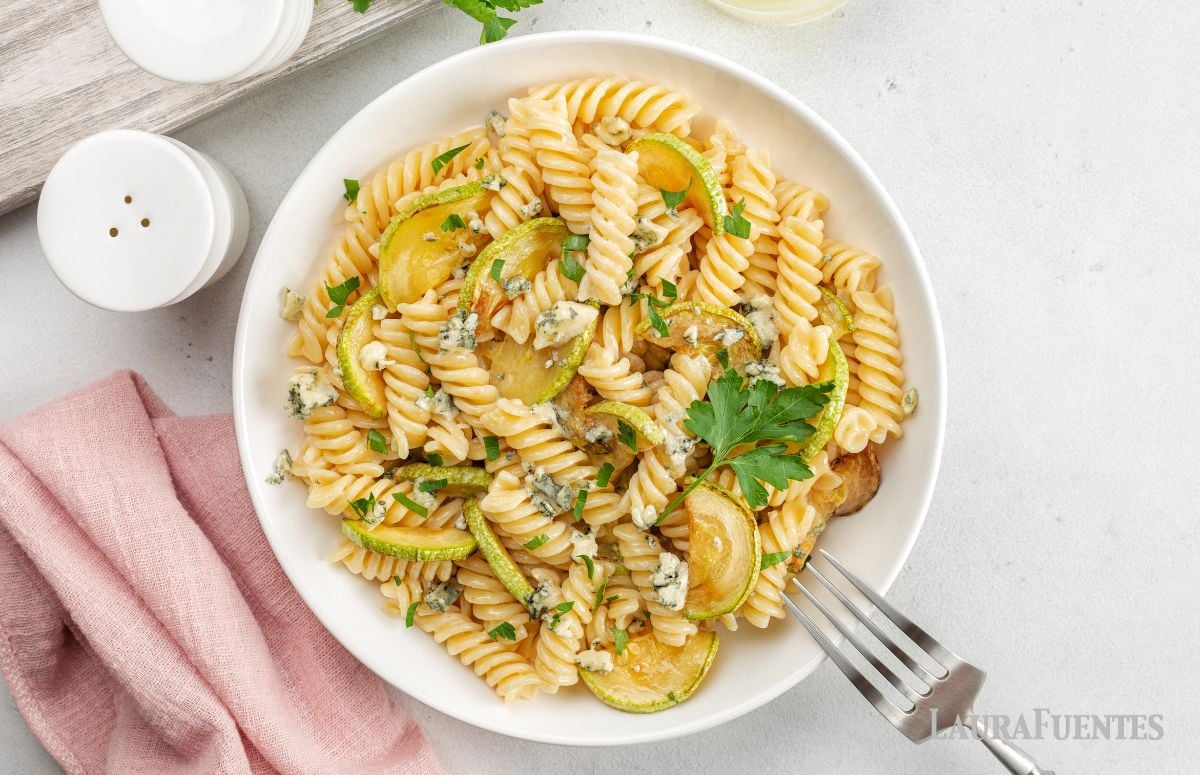 top view of a dish of summer squash pasta