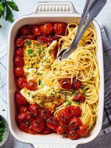 top view of a baking dish with baked feta spaghetti