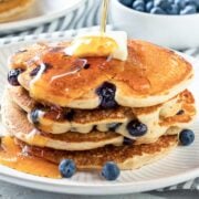 stack of four blueberry pancakes made from a mix