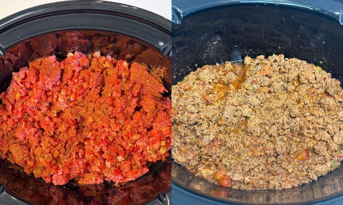 side by side image of cooking taco meat in the slow cooker. on left raw with seasoning and salsa, and on the right after cooking