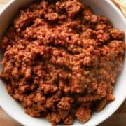 overhead view of taco meat cooked in the slow cooker